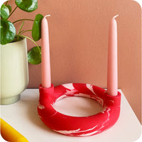 Red Jesmonite Two Circle Marble Candlestick Holder
